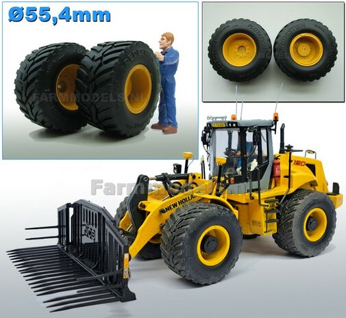 NEW HOLLAND: 2x Vredestein Flotation Trac 800/60 R32 Banden &Oslash; 55.4 mm met NEW HOLLAND GEEL gespoten Velgen 1:32 