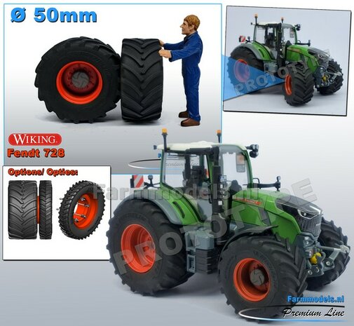 FENDT 728: 2x Michelin Banden &Oslash; 50 mm met FENDT ROOD Gespoten velgen geleverd  1:32   Farmmodels Premium Line Series  