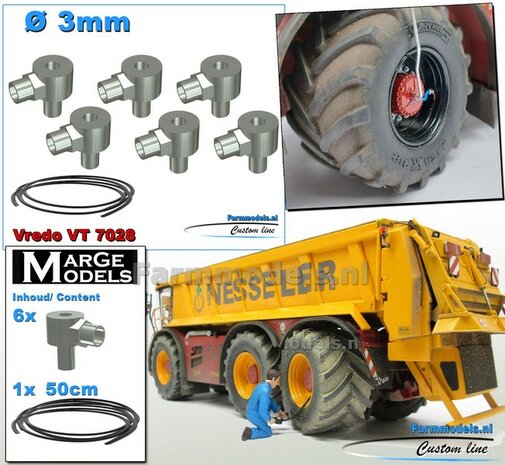 6x LUCHTDRUKWISSELSYSTEEM (VREDO) &Oslash; 3mm incl. 50 cm Zwarte luchtleiding, Items ALUMINIUM Gespoten geleverd 1:32