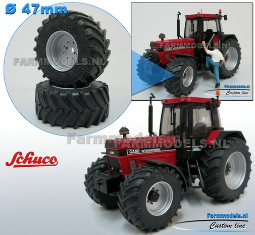 CASE IH SCHUCO: 2x Brede Banden &Oslash; 47 x 20.5 mm + ALU. velgen ALUMINIUM METALIC gespoten geleverd 1:32 Farmmodels Custom Line Series  