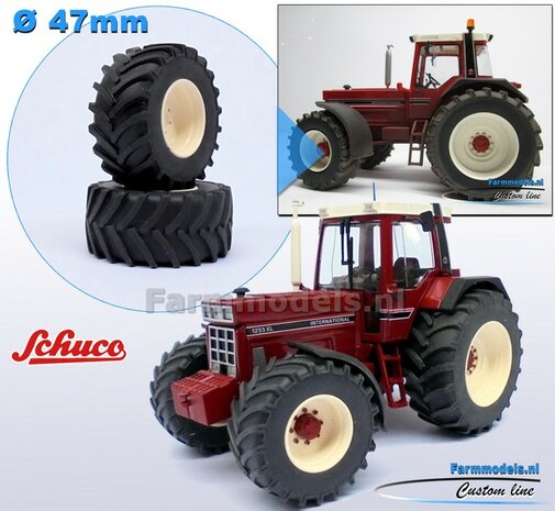 IH International Harvester SCHUCO: 2x Brede Banden &Oslash; 47 x 20.5 mm + ALUMINIUM velgen IH CREME gespoten geleverd 1:32 Farmmodels Custom Line Series  