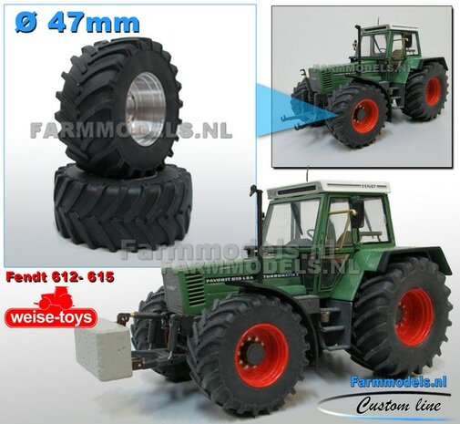 Fendt 612- 615 WeiseToys: Brede Vooras banden &Oslash; 47 mm x 20,5 mm breed + ALUMINIUM velgen BLANK geleverd 1:32 Farmmodels Custom Line Series 