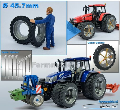 2x CULTUUR BANDEN &Oslash; 45.7 x 7.5 mm met ALUMINIUM DUBBELLUCHT VELGEN, ALU-METALIC Gespoten geleverd 1:32 Farmmodels Custom Line Series.