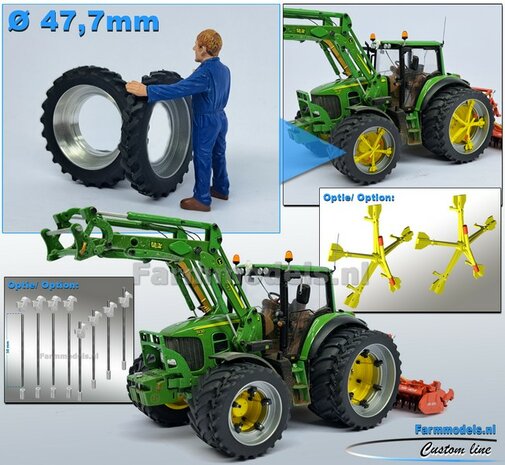 2x CULTUUR BANDEN &Oslash; 45.7 x 7.5 mm met ALUMINIUM DUBBELLUCHT VELGEN, BLANK geleverd 1:32 Farmmodels Custom Line Series.