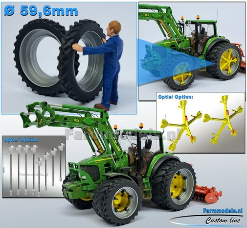 2x CULTUUR BANDEN &Oslash; 59.6 x 8.7 mm met ALUMINIUM DUBBELLUCHT VELGEN, velgen ALU-METALIC Gespoten geleverd 1:32 Farmmodels Custom Line Series.