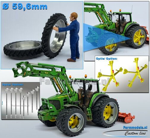 2x CULTUUR BANDEN &Oslash; 59.6 x 8.7 mm met ALUMINIUM DUBBELLUCHT VELGEN BLANK geleverd 1:32 Farmmodels Custom Line Series.