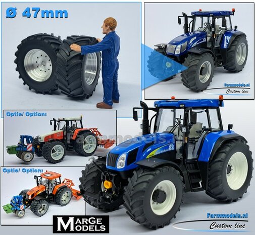 CASE CS150/ NH T7550/ STEYR 9145: 2x Brede Banden &Oslash; 47 x 20.5 mm + ALUMINIUM velgen BLANK geleverd 1:32 Farmmodels Custom Line Series  