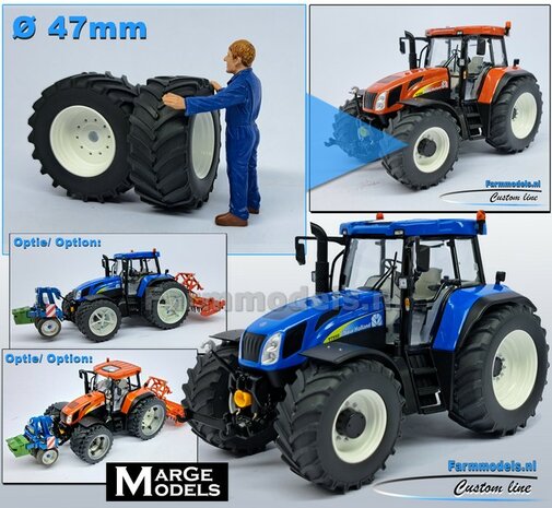 NEW HOLLAND T7550: 2x Brede Banden &Oslash; 47 x 20.5 mm + ALUMINIUM velgen NEW HOLLAND WIT Gespoten geleverd 1:32 Farmmodels Custom Line Series  