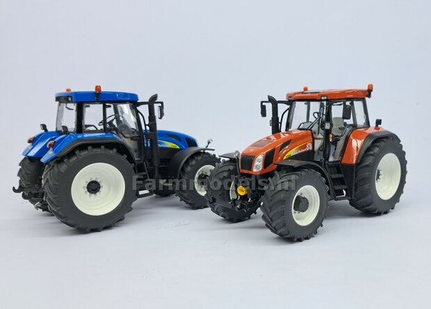 NEW HOLLAND T7550: 2x Brede Banden &Oslash; 47 x 20.5 mm + ALUMINIUM velgen NEW HOLLAND WIT Gespoten geleverd 1:32 Farmmodels Custom Line Series  