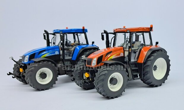 NEW HOLLAND T7550: 2x Brede Banden &Oslash; 47 x 20.5 mm + ALUMINIUM velgen NEW HOLLAND WIT Gespoten geleverd 1:32 Farmmodels Custom Line Series  