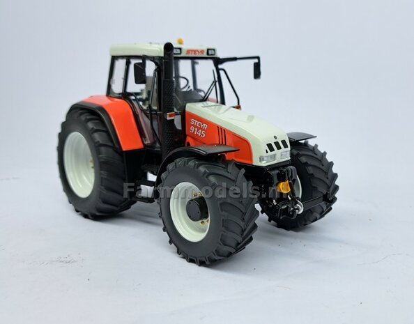 STEYR 9145: 2x Brede Banden &Oslash; 47 x 20.5 mm + ALUMINIUM velgen STEYR WIT Gespoten geleverd 1:32 Farmmodels Custom Line Series  