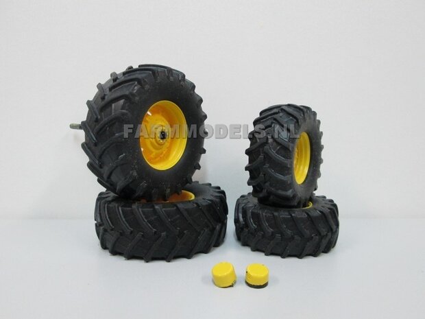 John Deere 7710/7810 Schuco bandenset, vooras &Oslash; 47.8 mm/ achteras &Oslash; 62.2 mm + velgen + eind vertraging vooras LAATSTE SETS