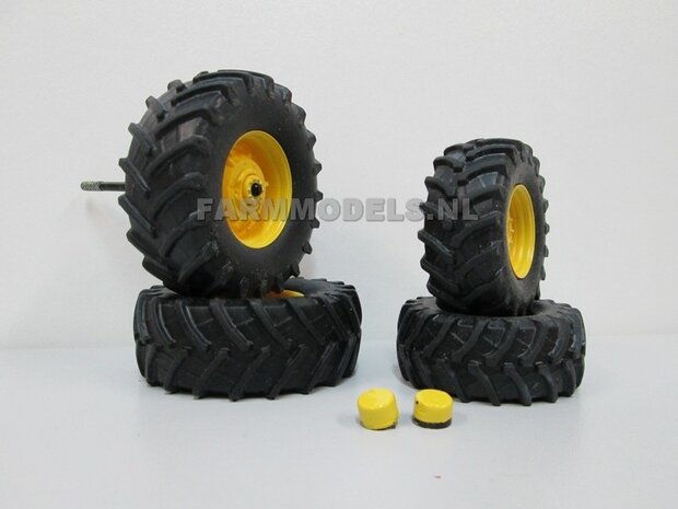 John Deere 7710/7810 Schuco bandenset, vooras &Oslash; 47.8 mm/ achteras &Oslash; 62.2 mm + velgen + eind vertraging vooras LAATSTE SETS