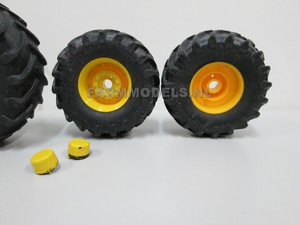 John Deere 7710/7810 Schuco bandenset, vooras &Oslash; 47.8 mm/ achteras &Oslash; 62.2 mm + velgen + eind vertraging vooras LAATSTE SETS